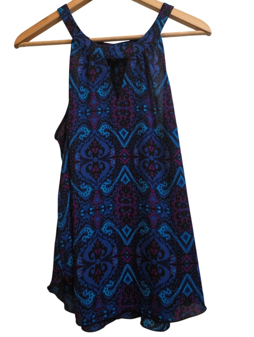 Express Jewel Toned Geometric Boho Print Flowy Cut-Out Halter Tank Top Sz M EUC
